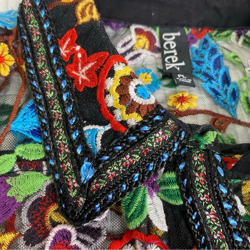 BEREK Petite L Floral Embroidered Black Mesh Button Down Shirt Blouse *flaw - Picture 3 of 14